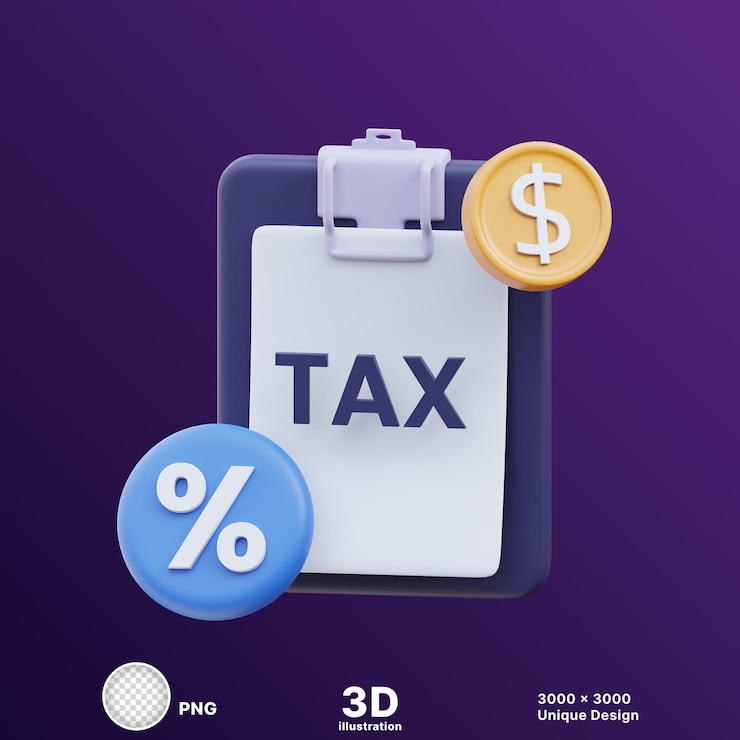 PSD ilustración 3d de papel de bloc de notas blanco con impuestos escritos en él en un fondo transparente