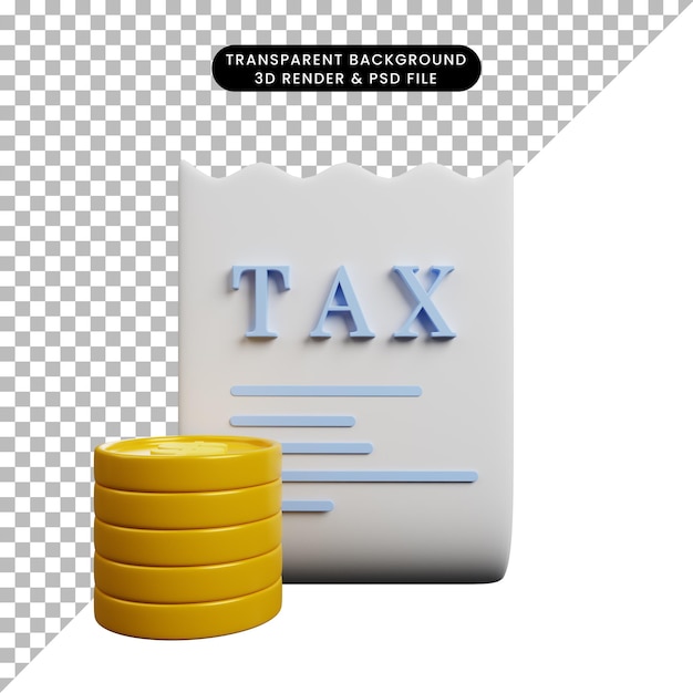 Ilustración 3d de papel de impuestos de icono de concepto de pago con moneda