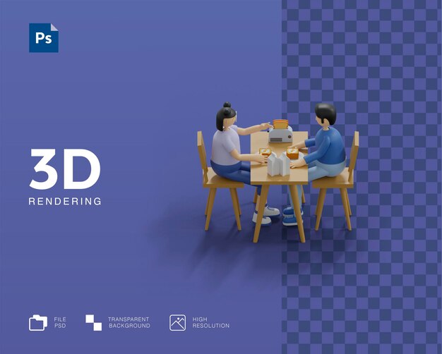 PSD ilustración 3d pareja desayunando juntos