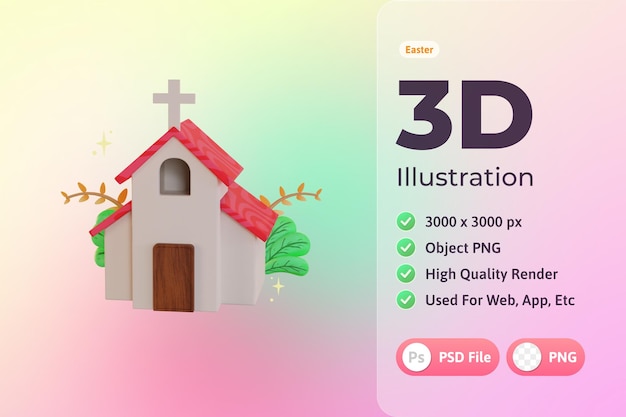 PSD ilustración 3d de pascua, iglesia con plantas