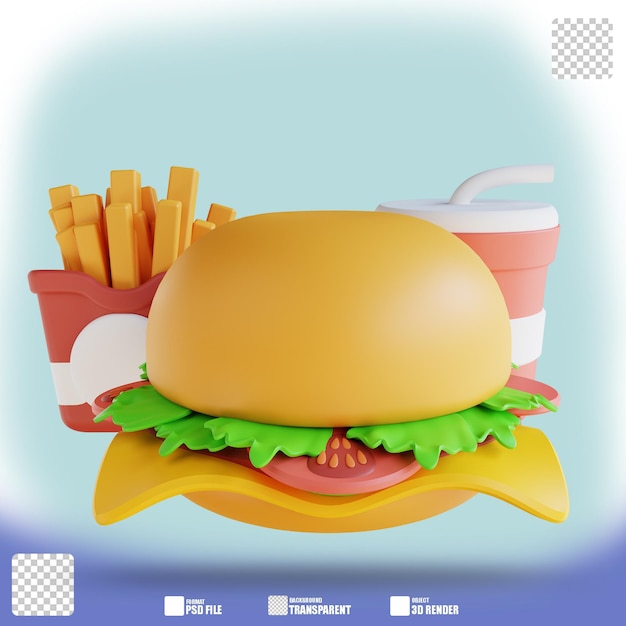 Ilustración 3D patatas fritas hamburguesas y bebidas frías 2