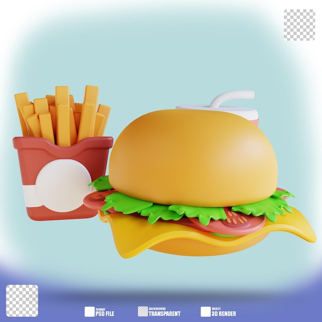 Ilustración 3D patatas fritas hamburguesas y bebidas frías 3