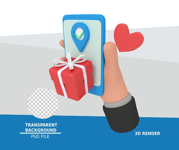 PSD ilustración 3d de pedir una caja de regalo en un teléfono inteligente