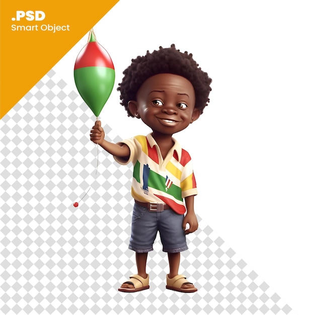 PSD ilustración 3d de un pequeño niño africano sosteniendo un balón de bandera de madagascar plantilla psd