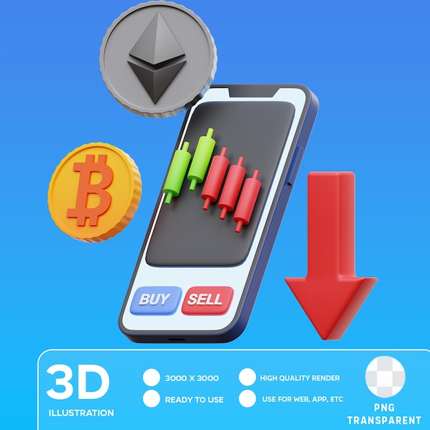 PSD ilustración 3d de pérdidas en el comercio de criptomonedas en línea de psd