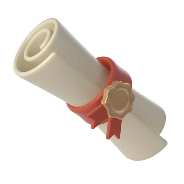 Ilustración en 3D del pergamino del diploma de grado o graduación con icono de cinta roja