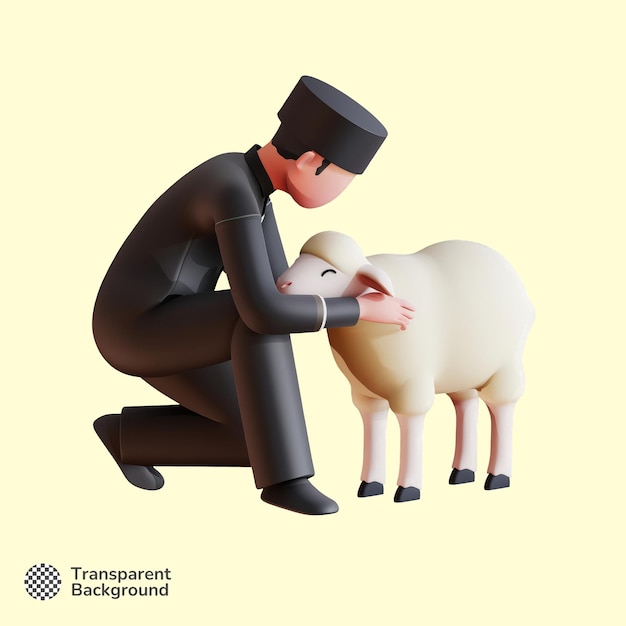 Ilustración en 3D de una persona musulmana abrazando a una oveja