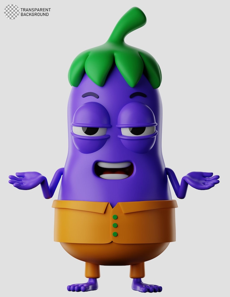 PSD ilustración en 3d de un personaje de berenjena sonriendo con ropa