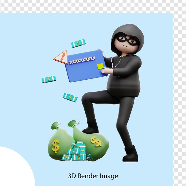 PSD ilustración 3d personaje de ciberdelincuencia robando dinero en cajeros automáticos