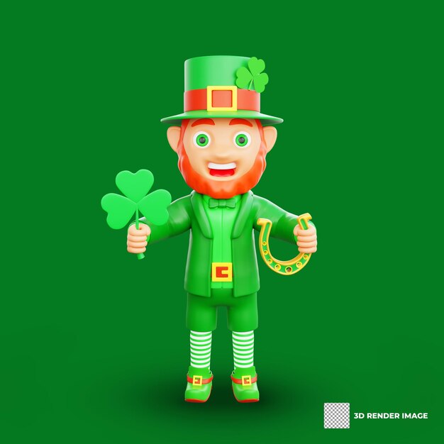 Ilustración 3D del personaje del Día de San Patricio en forma de duende sosteniendo un trébol de la suerte y una herradura dorada