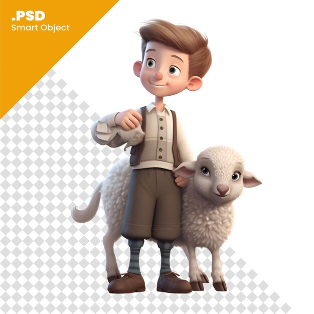 Ilustración 3d de un personaje de dibujos animados con una oveja y un niño plantilla psd