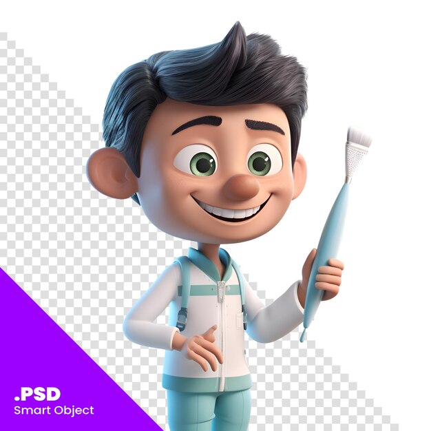 PSD ilustración 3d de un personaje de dibujos animados con una plantilla psd de fondo blanco aislado de un cepillo de dientes