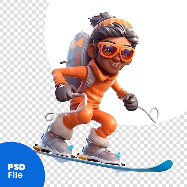 PSD ilustración 3d de un personaje de dibujos animados snowboarder con gafas y casco plantilla psd