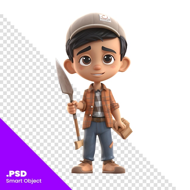 PSD ilustración 3d de un personaje de dibujos animados con un sombrero de granjero y herramientas plantilla psd