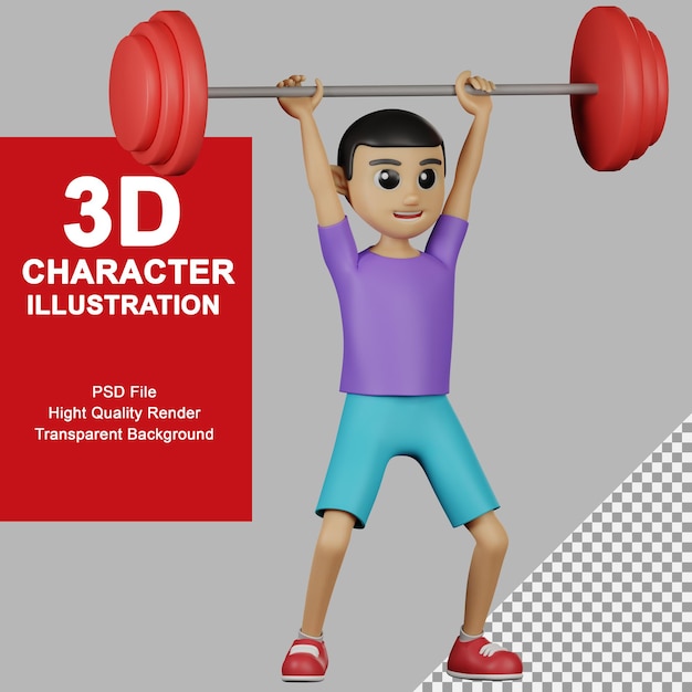 Ilustración 3d personaje masculino pose levantamiento de pesas