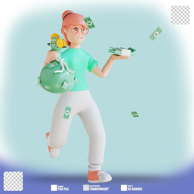 Ilustración 3d personaje mujer mano sosteniendo bolsa de dinero y flujo de dinero 3 copia