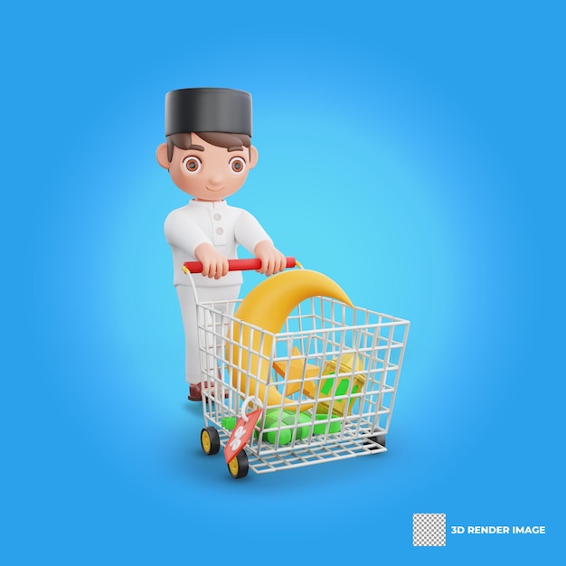 PSD ilustración 3d de un personaje musulmán haciendo compras para el eid