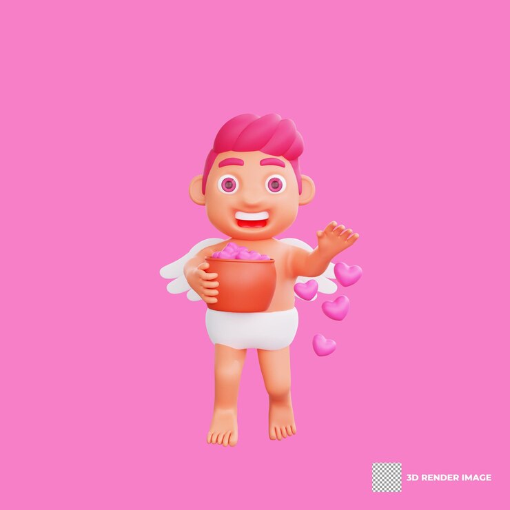 PSD ilustración 3d del personaje de san valentín cupido comparte alegremente corazones de una olla