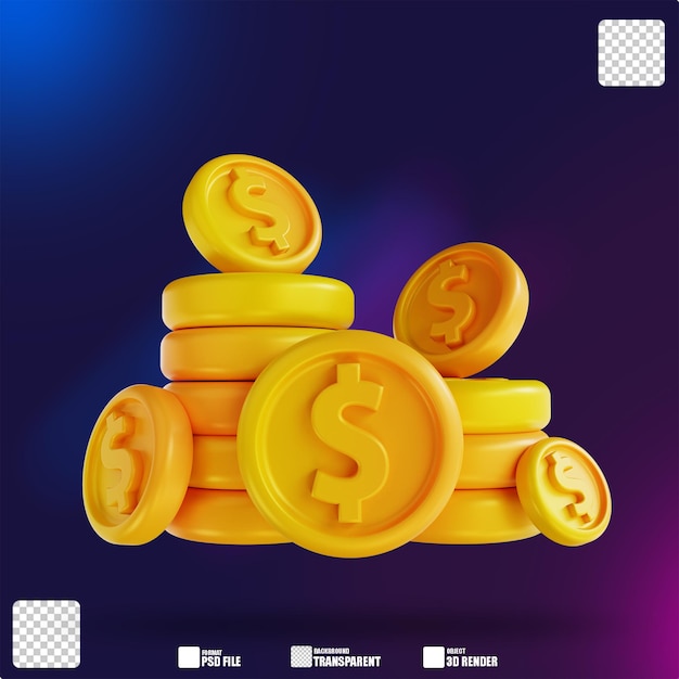 Ilustración 3D pila colorida de monedas de dólar