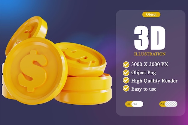 Ilustración 3D pila de monedas de dólar