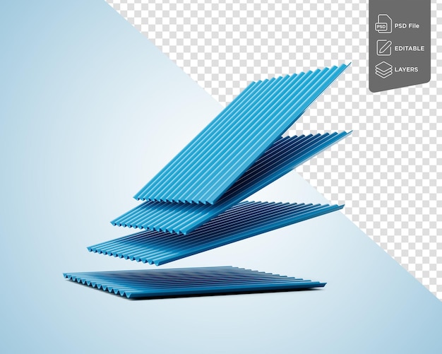 Ilustración 3d de pilas metálicas azules caídas de hierro galvanizado corrugado para láminas de techo