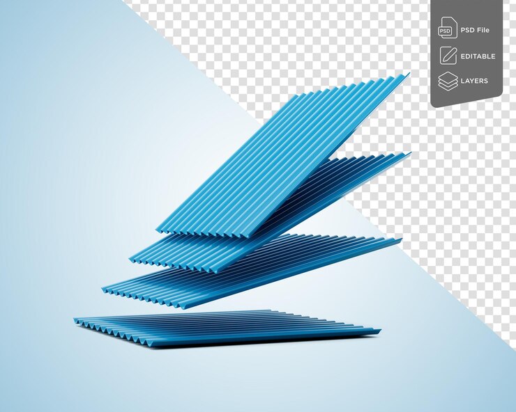 PSD ilustración 3d de pilas metálicas azules caídas de hierro galvanizado corrugado para láminas de techo