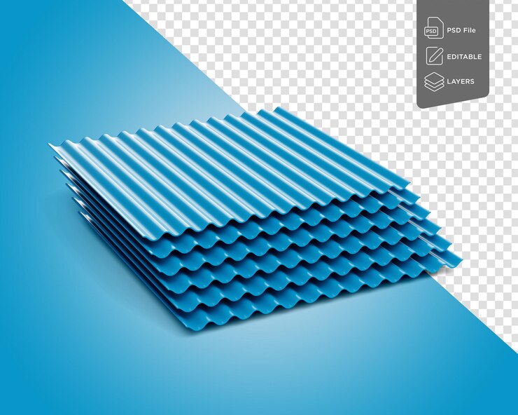 PSD ilustración 3d de pilas metálicas azules de hierro galvanizado corrugado para láminas de techo