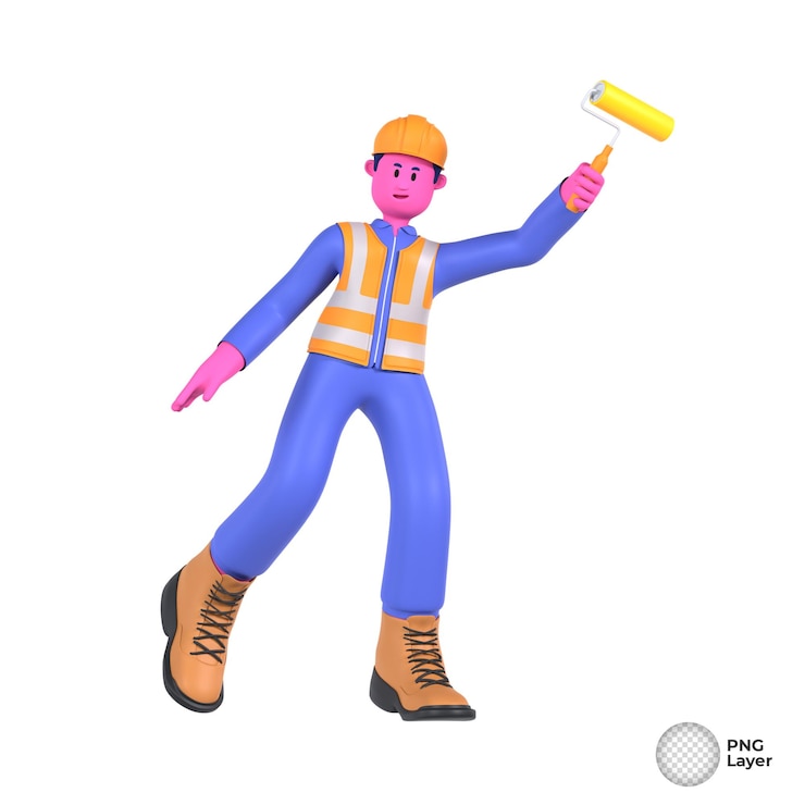 PSD ilustración 3d de un pintor pintando meticulosamente una pared transformándola con una nueva capa de color
