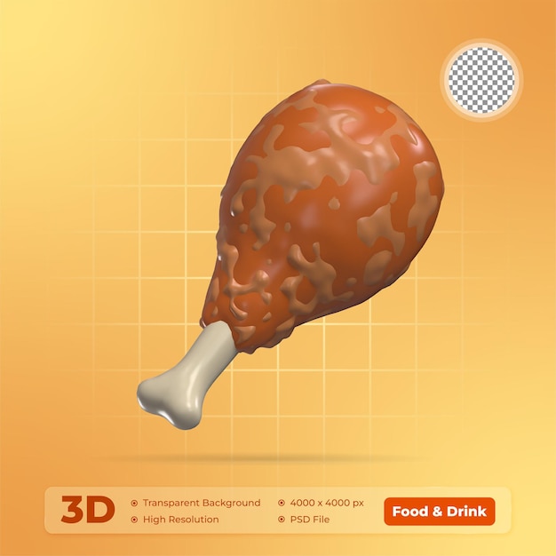 Ilustración 3D de pollo frito crujiente Icono de alimentos y bebidas con fondo transparente