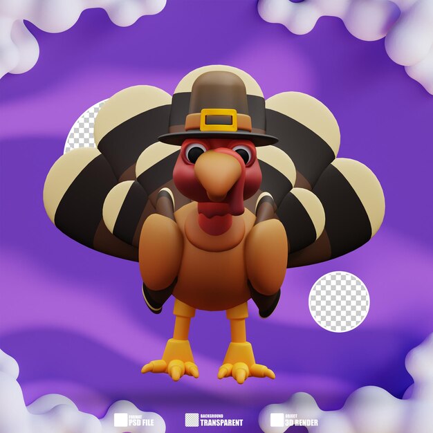 PSD ilustración 3d de pollo pavo y sombrero 2