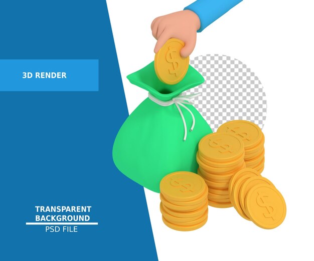 Ilustración 3d de poner monedas de dólar en una bolsa de dinero
