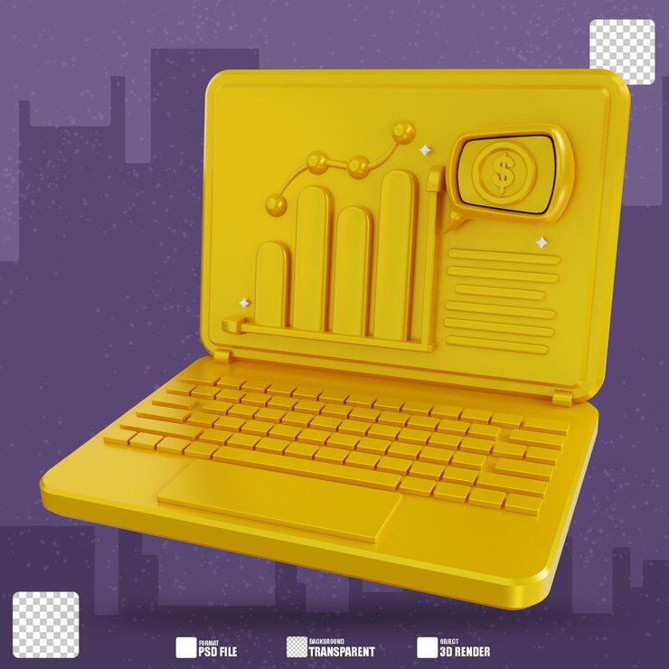 PSD ilustración 3d portátil dorado que muestra datos financieros gráficos 3