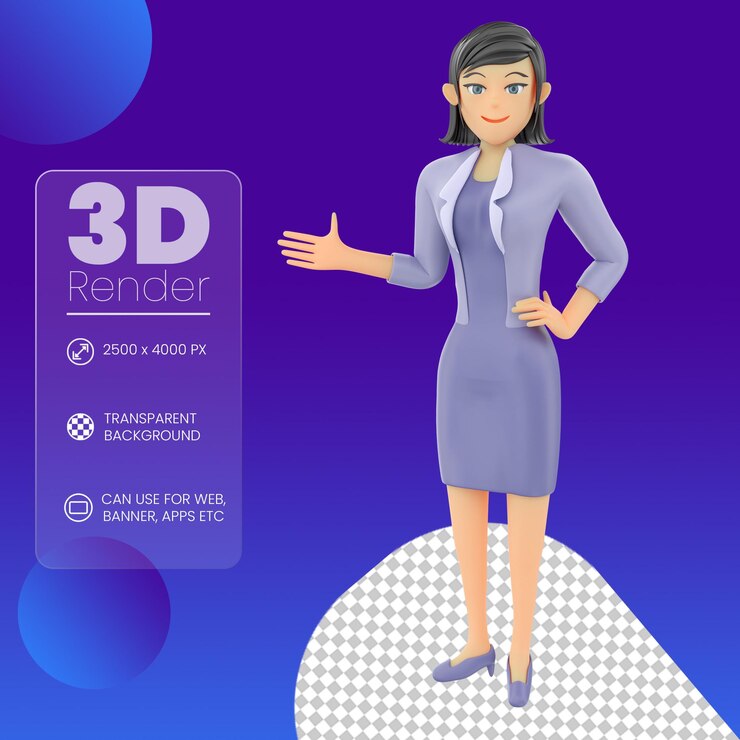 PSD ilustración 3d de pose de bienvenida de mujer de negocios
