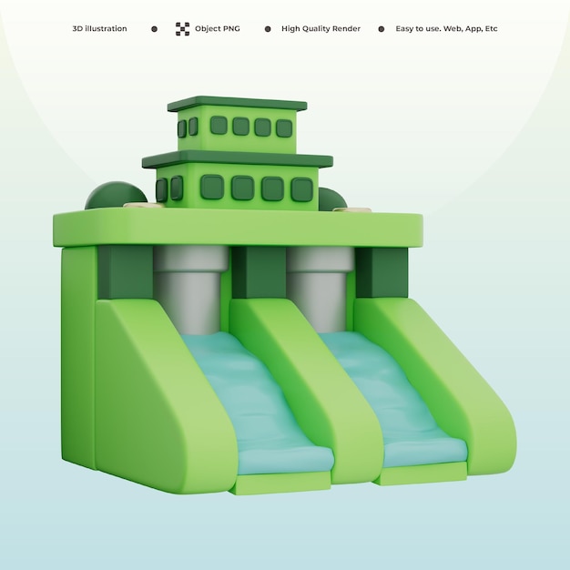 Ilustración 3D de la presa hidroeléctrica con turbina de agua y tecnología de energía verde