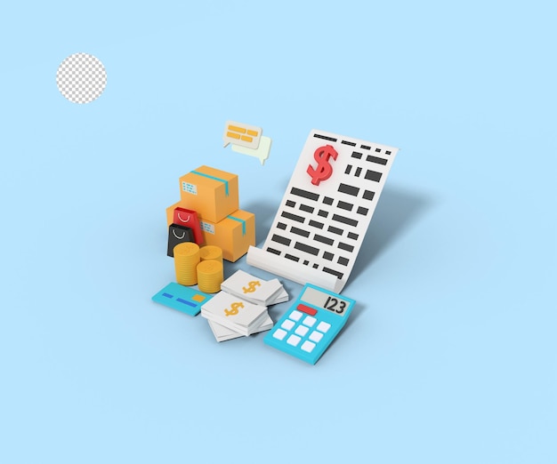 Ilustración 3D de proyecto de ley de presupuesto de compras en línea