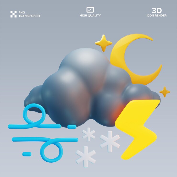 PSD ilustración en 3d de psd windy heavy snowfall thunder at night (el viento y las fuertes nevadas en la noche)