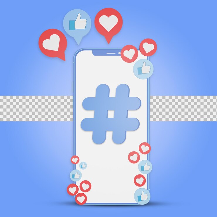 PSD ilustración 3d de publicidad de hastag de redes sociales de teléfonos inteligentes