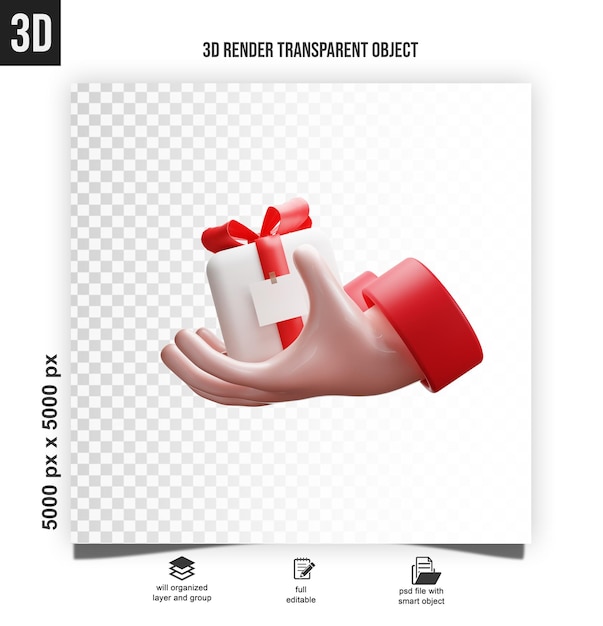 Ilustración 3D que muestra manos de dibujos animados sosteniendo una caja de regalos roja
