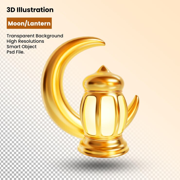 Ilustración 3d que representa la luna y la linterna brillante con fondo transparente