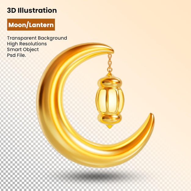 Ilustración 3d que representa la luna y la linterna que brilla intensamente