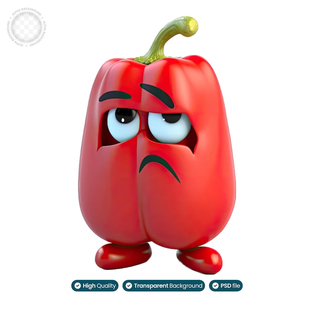 Ilustración 3D que representa un pimiento con una triste expresión de tristeza