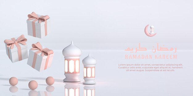 Ilustración 3d de ramadan kareem con linterna y caja de regalo psd premium