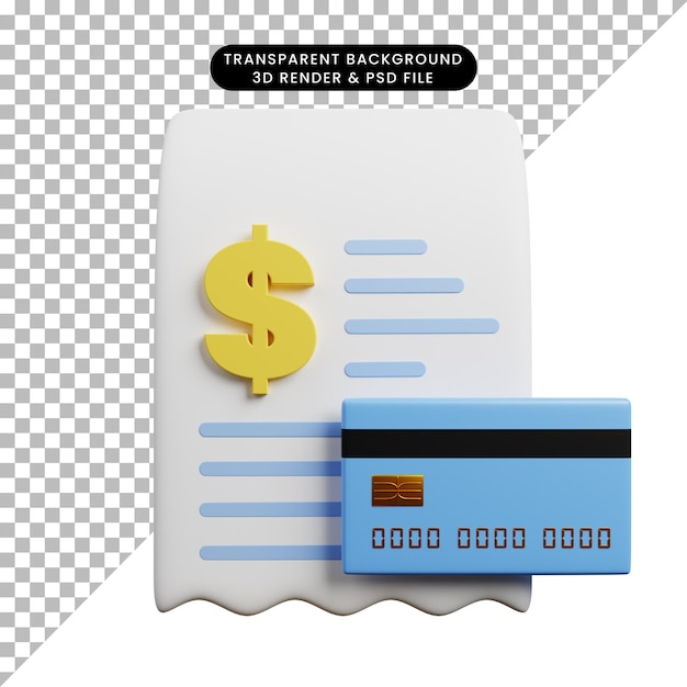 PSD ilustración 3d de recibo de concepto de pago con icono de dólar y tarjeta de crédito