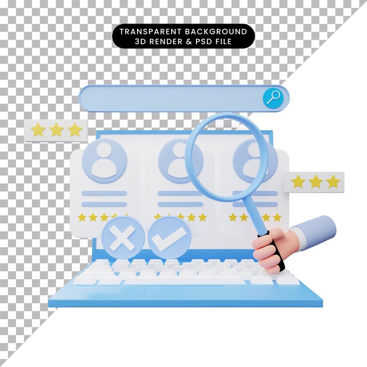 PSD ilustración 3d de reclutamiento en línea con computadora portátil