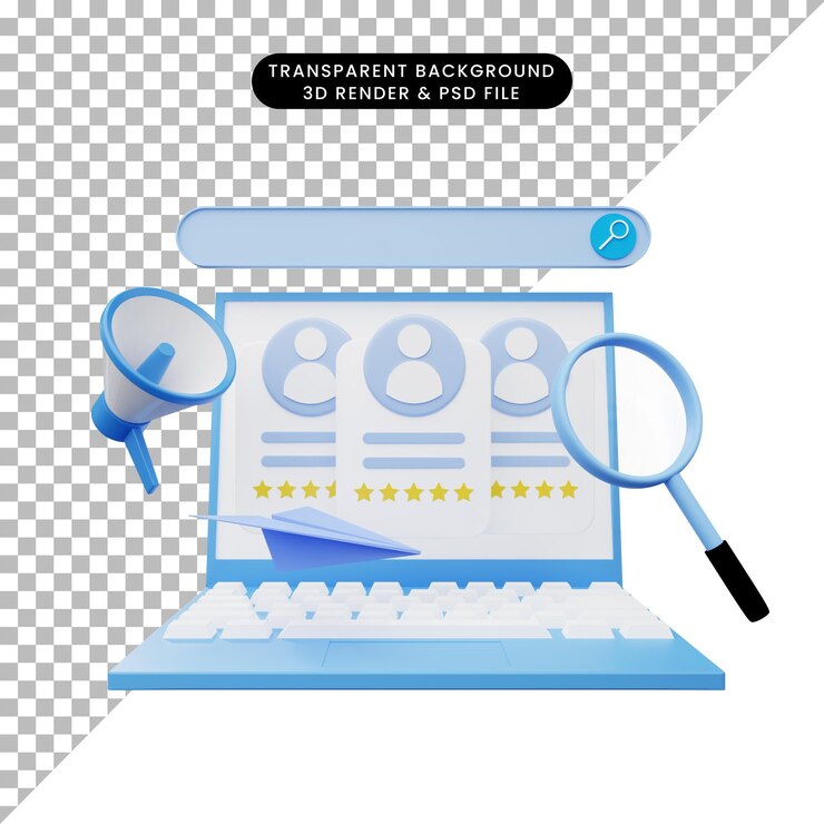 PSD ilustración 3d de reclutamiento en línea con computadora portátil