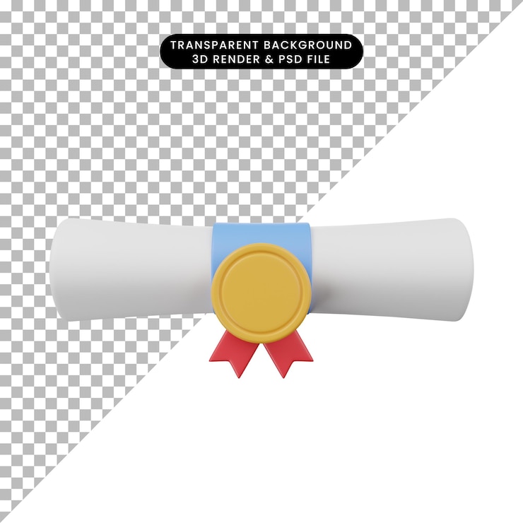 PSD ilustración en 3d de la recompensa por logro icono en 3d del certificado enrollado