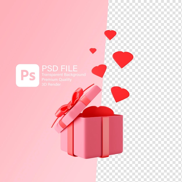 Ilustración 3d del regalo del día de san valentín con muchas formas de corazón