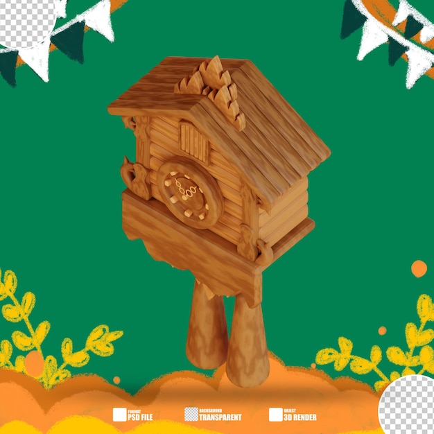 Ilustración 3d reloj de cuco de madera con campanas en el frente 2