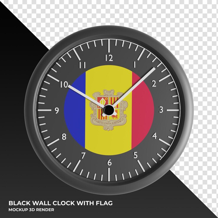 PSD ilustración 3d del reloj de pared con la bandera de andorra