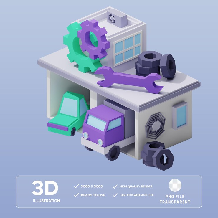 PSD ilustración 3d de reparación de automóviles psd